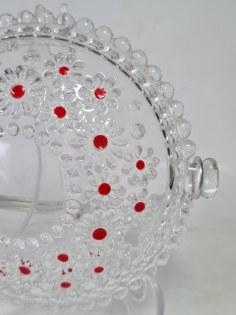 Конфетница винтажная Walther Glas, с красным декором, стекло, 18 x 6,5 см, Германия, 1960-70гг.