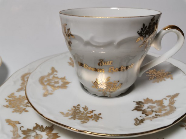 Чайный набор винтажный Bareuther Waldsassen Bavaria "Золотая свадьба", с позолотой, на 2 персоны, 6 предметов, фарфор, Германия, 1960-70гг.