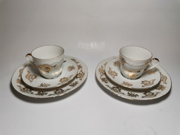 Чайный набор винтажный Bareuther Waldsassen Bavaria "Золотая свадьба", с позолотой, на 2 персоны, 6 предметов, фарфор, Германия, 1960-70гг.