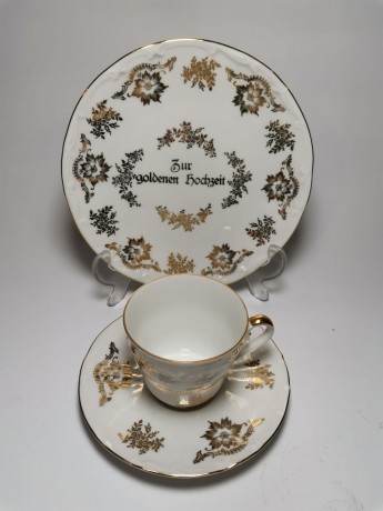 Чайный набор винтажный Bareuther Waldsassen Bavaria "Золотая свадьба", с позолотой, на 2 персоны, 6 предметов, фарфор, Германия, 1960-70гг.