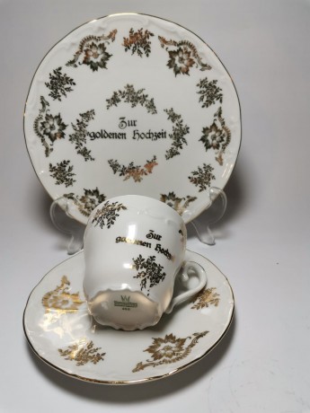 Чайный набор винтажный Bareuther Waldsassen Bavaria "Золотая свадьба", с позолотой, на 2 персоны, 6 предметов, фарфор, Германия, 1960-70гг.