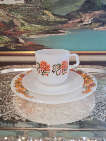 Чайное трио винтажное Schott Mainz, стекло с цветочным рисунком в оранжевых тонах, 10 x 7 см/ 14 см/ 19 см, Германия, 1960-70гг.