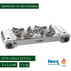 BRUNNER BRUNNER Gaskocher Gaskocher Devil Double Campingkocher, 2-flammig Kochfeld 30mBar 2 x 2,2KW  Газовая плита BRUNNER газовая плита Devil Двойная походная плита, варочная панель с 2 конфорками, 30 мбар, 2 x 2,2 кВт