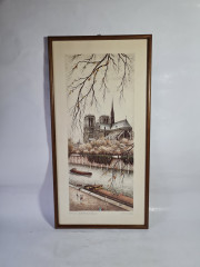 Картина винтажная Kunsthaus Schaller KG / Otriz Alfau &quot;Собор Парижской Богоматери&quot;, под стеклом, 55 x 28 см, Германия, 1960-1970гг.