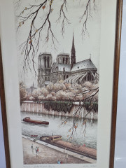 Картина винтажная Kunsthaus Schaller KG / Otriz Alfau &quot;Собор Парижской Богоматери&quot;, под стеклом, 55 x 28 см, Германия, 1960-1970гг.
