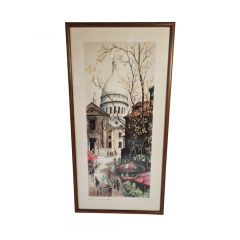 Картина винтажная Kunsthaus Schaller KG / Otriz Alfau &quot;Площадь Тертр в Париже&quot;, под стеклом, 55 x 28 см, Германия, 1960-1970гг.