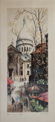 Картина винтажная Kunsthaus Schaller KG / Otriz Alfau &quot;Площадь Тертр в Париже&quot;, под стеклом, 55 x 28 см, Германия, 1960-1970гг.