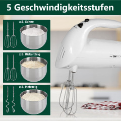 CLATRONIC CLATRONIC Handmixer HM 3014, starker 250W Handmixer, 5 Stufen, Edelstahl, Weiss  Ручной миксер CLATRONIC HM 3014, мощный ручной миксер мощностью 250 Вт, 5 уровней, нержавеющая сталь, белый