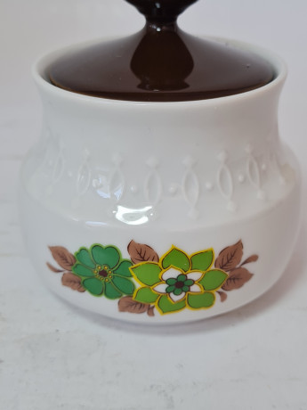 Набор чайный винтажный Mitterteich Bavaria, чайник, сахарница, молочник: бело-коричневый фарфор с зеленым цветочным декором, 23,5 x 21 см / 10 см / 9 см, Германия, 1960-70гг.