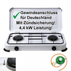 BlueCraft BlueCraft Gaskocher, 2-flammig inkl. Campingregler 50mbar und Gasschlauch 100 cm  Газовая плита BlueCraft, 2 пламени, включая кемпинговый регулятор 50 мбар и газовый шланг 100 см.
