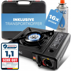 ZMC ZMC Gaskocher Gaskocher 1-flammig + Aufbewahrungskoffer + 16x Gaskartuschen 227g, (Butangas Campingkocher fur Innenraum/Outdoor, Campinggaskocher 2,2 kW mit Piezozundung), Kochfeld Herd Gaskocher mit Kartusche, Gaskochfeld fur Camping  Газовая плита Z