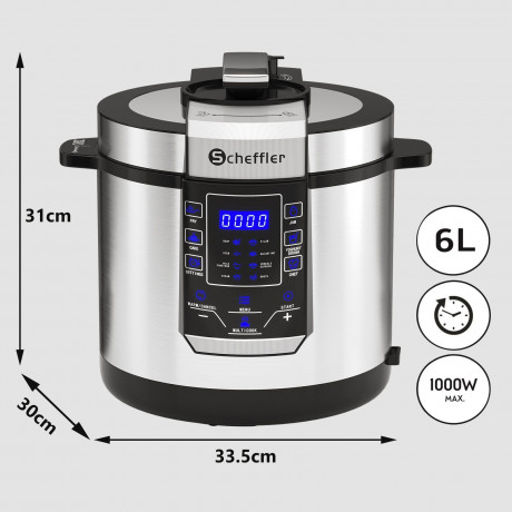 Scheffler Scheffler Multikocher 6L Elektrischer Reiskocher Schnellkochtopf, 14 Automatische-Programme, 1000,00 W, 6,00 l Schussel, Schongarer, Wokpfanne, Joghurtbereite  Mehr, Edelstahl, Timer  Мультиварка Scheffler электрическая рисоварка 6л, скороварка,