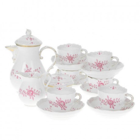 Meissen Meissen  'Neuer Ausschnitt - Indische Malerei 2 mit Kante purpur Goldpunkte mit Goldrand' Espressoservice 6 Personen 15-tlg. Мейсен "Новое декольте - индийская роспись 2 с краем пурпурно-золотые точки с золотым ободком" сервиз для эспрессо на 6 пе
