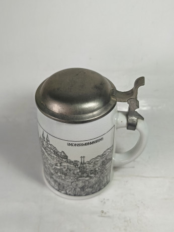 Немецкая пивная кружка винтажная Alten Kunststadt Germany "Бабенберг", с крышкой, кракелюр, фарфор / олово, 0.5 л, 15.5 см, Германия, 1960-70гг.