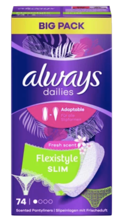 always Slipeinlage Flexistyle Slim Fresh BigPack 74 St, Прокладки Ежедневные тонкие Flexistyle с ароматом свежести 74 штуки, 3 упаковка (222 штуки)