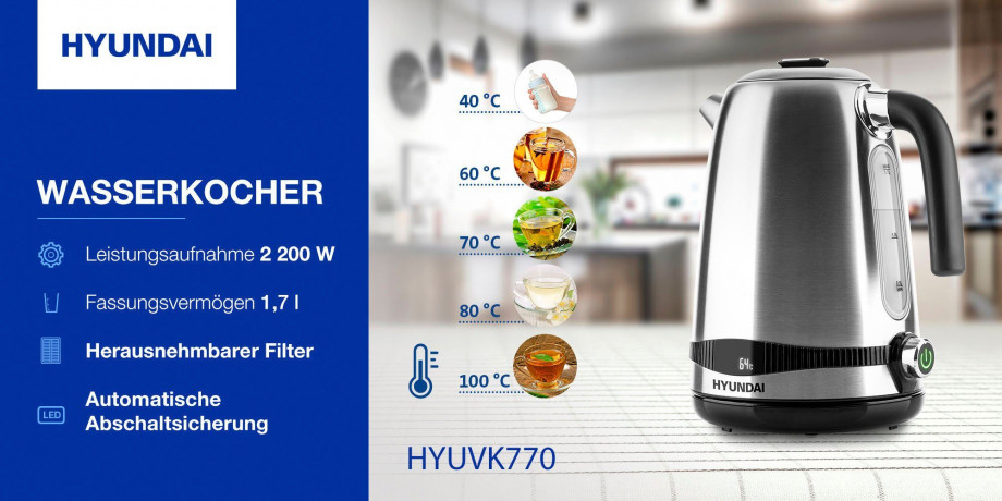 Hyundai Hyundai Wasserkocher VK770, 1,7 l, 2200 W, LED, Temperatureinstellung 40-100°C, KEEP WARM-Funktion bis 120 Min.  Чайник Hyundai VK770, 1,7 л, 2200 Вт, LED, регулировка температуры 40-100°С, функция KEEP WARM до 120 минут.
