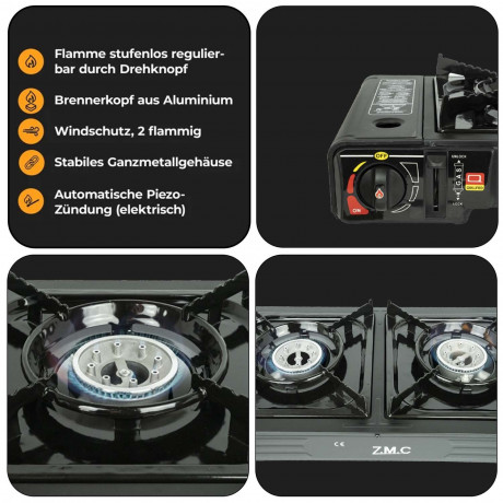 ZMC ZMC Gaskocher Doppel Kartuschenkocher 2 flammig Geeignet fur Camping Outdoor,Wandern, (automatische Piezo-Zundung Warmeleistung: 2,3KW, Automatische Piezo-Zundung), Gaskocher Campingkocher Herd Gasherd Ofen Butan Gas Kochfeld Indoor  Газовая плита ZMC