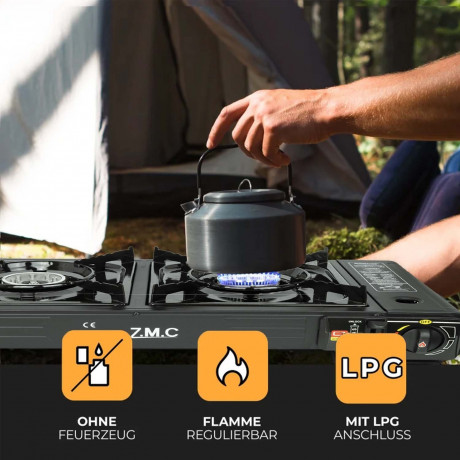 ZMC ZMC Gaskocher Doppel Kartuschenkocher 2 flammig Geeignet fur Camping Outdoor,Wandern, (automatische Piezo-Zundung Warmeleistung: 2,3KW, Automatische Piezo-Zundung), Gaskocher Campingkocher Herd Gasherd Ofen Butan Gas Kochfeld Indoor  Газовая плита ZMC
