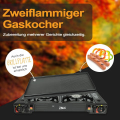 ZMC ZMC Gaskocher 2in1 Campingkocher mit Grillplatte 2 Flammig + 28x Gaskartuschen 227g, (mit Piezozundung Grill Platte Tischgrill Doppel Gasbrenner Gasgrill Kochfeld mit LPG Anschluss Warmeleistung: 2,3KW), Outdoor Camping Gas Kocher Butan Gas Gaskocher 