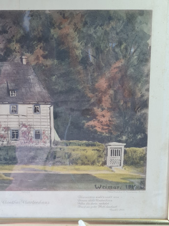 Картина винтажная в раме, типография Fritz Grandt&Co Kunstverlag / Berlin, изображение домика Гете в 1828, 37,5 x 29,5 см, Германия, 1960-1970гг.