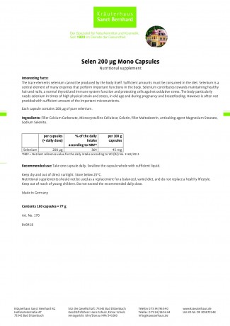 Krauterhaus Sanct Bernhardt Selenium 200 µg Mono Capsules, 180 капсул