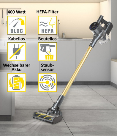 Genius Genius Akku-Stielstaubsauger INVICTUS X8 PRO Akkustaubsauger Set 12-tlg. Handstaubsauger, beutellos HEPA Filter, 400 Watt Wechselbarer Akku Беспроводной пылесос Genius INVICTUS X8 PRO Беспроводной пылесос, набор из 12 предметов. Ручной пылесос, HE