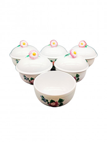 Набор емкостей для сыпучих продуктов винтажный Staatlich Majolika Manufaktur Karlsruhe A.G., с объемным цветком на крышке, керамика, ручная работа, 6 шт., 11.5 см, Германия, 1970-80гг.
