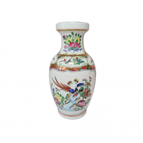Ваза винтажная, белый фарфор с разноцветным рисунком птиц и цветов, 16 x 7 см, Китай, 1960-70гг.