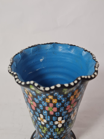 Ваза винтажная Agadir Marokko, черная керамика с красочным цветочным декором, 15,5 x 9,5 см, Марокко, 1960-70гг.