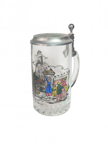 Немецкая пивная кружка винтажная BMF Germany с изображением деревенского сюжета, с крышкой, стекло/ олово, 0.5 л, 19 см, Германия, 1960-70гг.