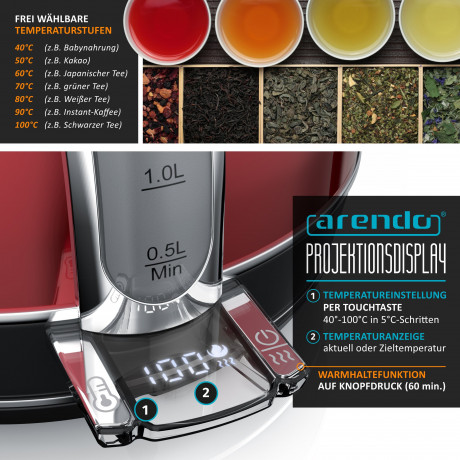 Arendo Arendo Wasserkocher, 1,7 l, 2200 W, Edelstahl Retro Style Vintage, LED Temperaturanzeige, kupfer  Чайник Arendo, 1,7 л, 2200 Вт, нержавеющая сталь, винтажный ретро-стиль, светодиодный дисплей температуры, медь