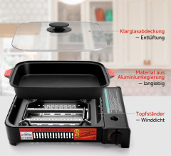 HOMELUX HOMELUX Gaskocher Camping Gasgrill+Grillpfanne+Glasdeckel Campinggrill BBQ, 2,2KW  Газовая плита HOMELUX, походный газовый гриль + сковорода для гриля + походный гриль со стеклянной крышкой, 2,2 кВт