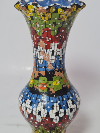 Ваза винтажная Agadir Marokko, черная керамика с красочным цветочным декором, 16 x 6,5 см, Марокко, 1950-60гг.