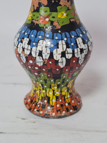 Ваза винтажная Agadir Marokko, черная керамика с красочным цветочным декором, 16 x 6,5 см, Марокко, 1950-60гг.