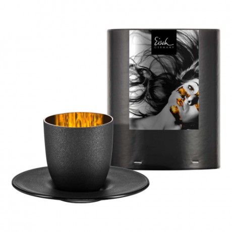 Eisch Eisch cosmo schwarz gold Espressoobertasse mit Untertasse Glas d: 11,5 cm / h: 6,5 cm / 100 ml Чашка для эспрессо Eisch космо из черного золота со стаканом-блюдцем д: 11,5 см / высота: 6,5 см / 100 мл