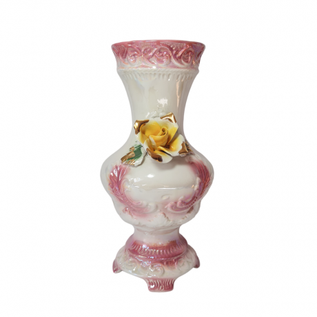 Capodimonte Italy Белая Ваза "Чайная роза" с шестью искусственными розами, 34см x 18см, Италия, 1960-70гг.