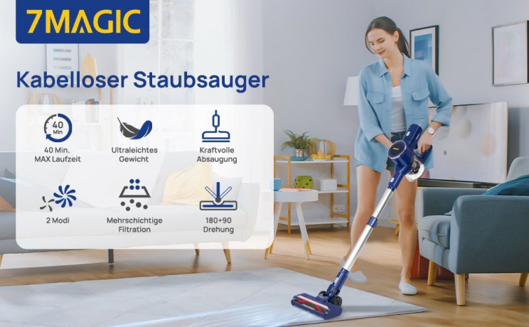 7Magic 7Magic Akku-Handstaubsauger Staubsauger Kabellos mit 25000pa Saugkraft, 6 in1 Akkustaubsauger, 160 W, beutellos, 1.0L Staubbehalter, fur Tierhaare, Teppich, Polster und Hartboden Беспроводной ручной пылесос 7Magic, беспроводной пылесос с мощностью