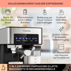 Klarstein Klarstein Espressomaschine Arabica Comfort, 1.8l Kaffeekanne, Gemahlener Kaffee und Pads: 2-in-1- Nutzung zum flexiblen Gebrauch  Эспрессо-машина Klarstein Arabica Comfort, кофейник емкостью 1,8 л, молотый кофе и подушечки: универсальное примене
