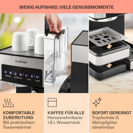 Klarstein Klarstein Espressomaschine Arabica Comfort, 1.8l Kaffeekanne, Gemahlener Kaffee und Pads: 2-in-1- Nutzung zum flexiblen Gebrauch  Эспрессо-машина Klarstein Arabica Comfort, кофейник емкостью 1,8 л, молотый кофе и подушечки: универсальное примене