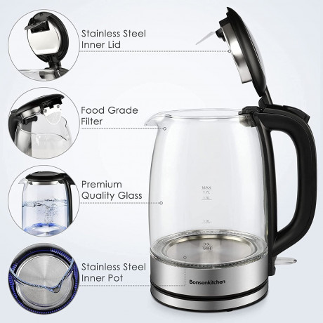 Bonsenkitchen Bonsenkitchen Wasserkocher Wasserkocher aus Glas, 1,7 L 2200 W Wasserkocher mit blauer LED-Beleuchtung, automatischer Abschaltung und Uberhitzungsschutz, Innendeckel und Boden aus 304 Edelstahl (BPA-frei), 1,7 l, 2200 W  Стеклянный чайник Bo
