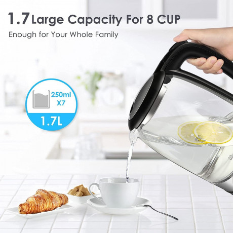 Bonsenkitchen Bonsenkitchen Wasserkocher Wasserkocher aus Glas, 1,7 L 2200 W Wasserkocher mit blauer LED-Beleuchtung, automatischer Abschaltung und Uberhitzungsschutz, Innendeckel und Boden aus 304 Edelstahl (BPA-frei), 1,7 l, 2200 W  Стеклянный чайник Bo