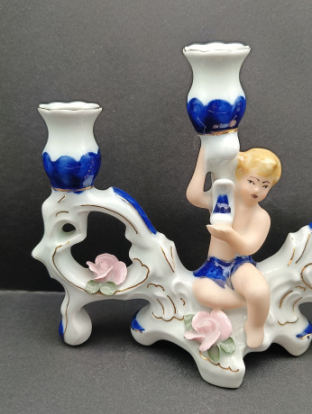 Подсвечник винтажный Cestar на 3 свечи с фигуркой юноши, фарфор, 19 х 23 см, Румыния, 1960-70гг.