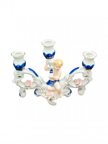 Подсвечник винтажный Cestar на 3 свечи с фигуркой юноши, фарфор, 19 х 23 см, Румыния, 1960-70гг.