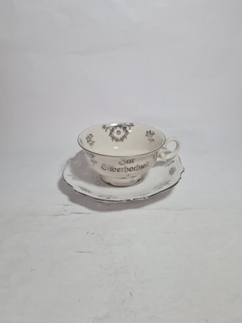 Чайное трио винтажное GKC Bavaria / 38 er "На серебряную свадьбу" с серебристым декором и надписью, фарфор, Германия, 1960-70гг.