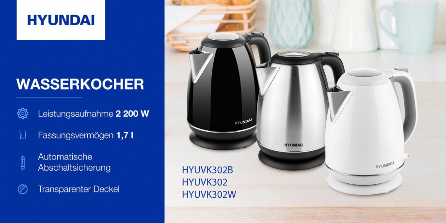 Hyundai Hyundai Wasserkocher VK302W, 1,7 l, 2200 W, Edelstahl, Uberhitzungsschutz, Automatische Abschaltung Чайник Hyundai VK302W, 1,7 л, 2200 Вт, нержавеющая сталь, защита от перегрева, автоотключение
