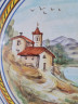 Тарелка декоративная винтажная Deruta, керамика с рисунком "Дом в горах у реки", ручная работа, 25 x 3 см, Италия