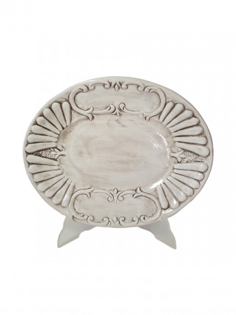 Тарелка винтажная сервировочная Bassano, объемный декор, фигурный край, серая керамика, 30 х 24 см, Италия, 1960-70гг.