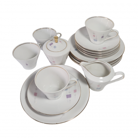 Сервиз чайный винтажный Schumann Arzberg Bavaria на 4 персоны, в пастельных тонах, фарфор, чайное трио - 4 шт., молочник, сахарница, Германия, 1970-80гг.